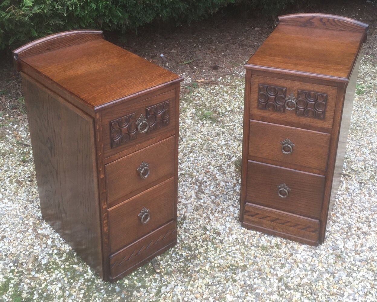 Fine Pair Of Arts Crafts Carved Oak Bedside Cabinets Chests